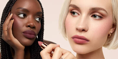 Two models wearing blurred lipstick using L’Absolu Rouge Intimatte blushing nudes