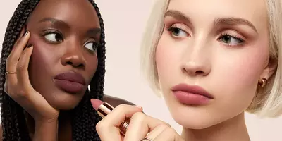 Two models wearing blurred lipstick using L’Absolu Rouge Intimatte blushing nudes