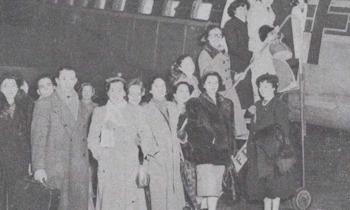 Lancome’s Armand Petitjean and about 15 men and women in 1942 smiling as they board a plane, today’s beauty advisors 