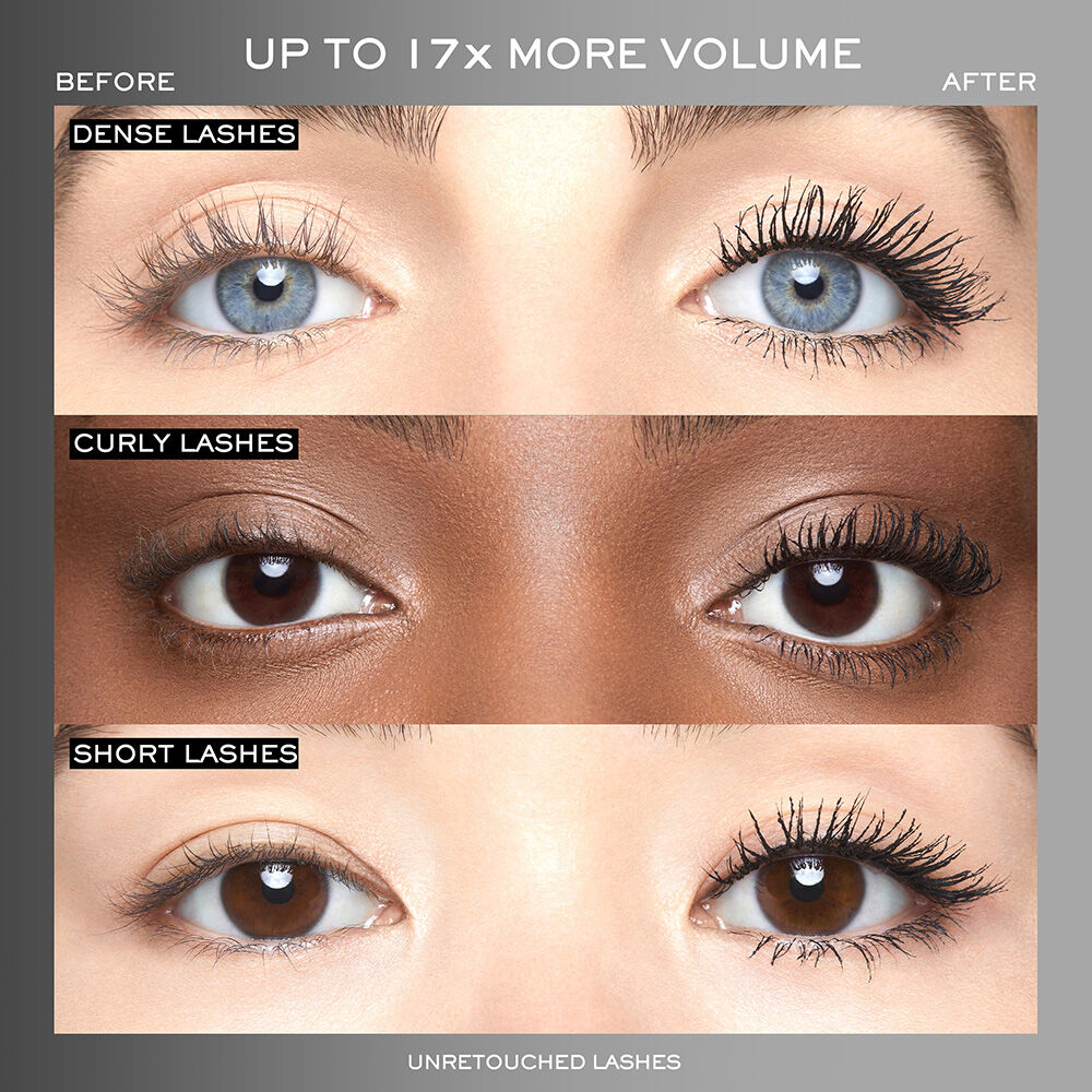 Before and after applying mascara on dense lashes, curly lashes and short lashes. Up to 17 times more volume. 