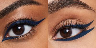Close up of woman with brown eyes wearing matte blue liquid eyeliner in a winged eyeliner and graphic eyeliner shape