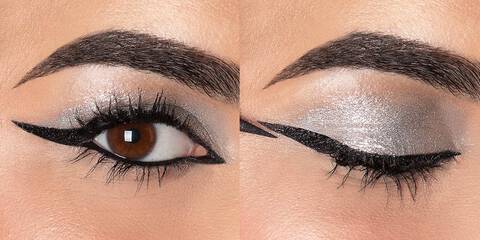Silver smokey eye makeup with inner corner and winged eyeliner