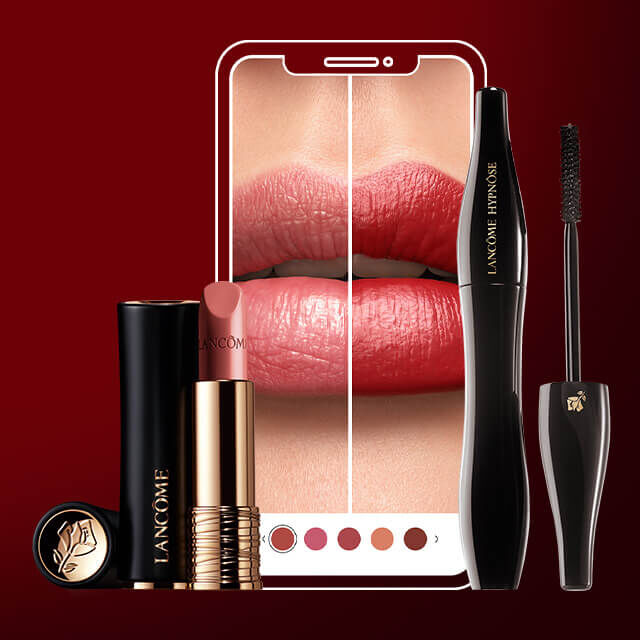 Results of a woman using virtual try on makeup tool to try on lipstick, foundation and makeup.