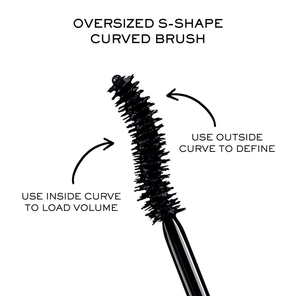 Oversized s shape curved brush. Use outside curve to define lashes, use inside curve to load volume. 