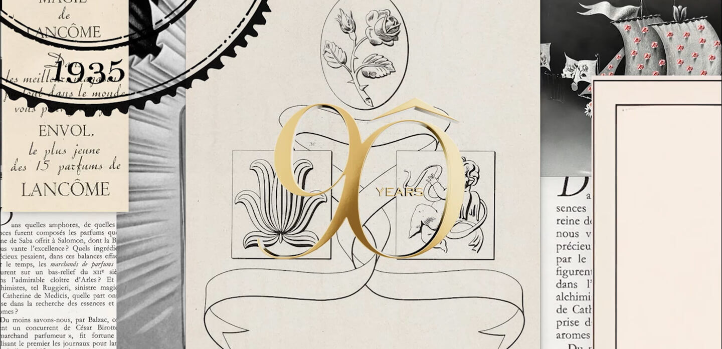 Lancome 90 years since 1935 old French newspaper articles and seals symbolizing Lancome’s brand history 