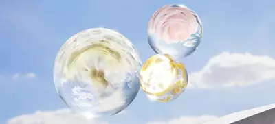 Ingredient bubbles against a blue sky with clouds to visually represent the exposome and a skincare defense system[