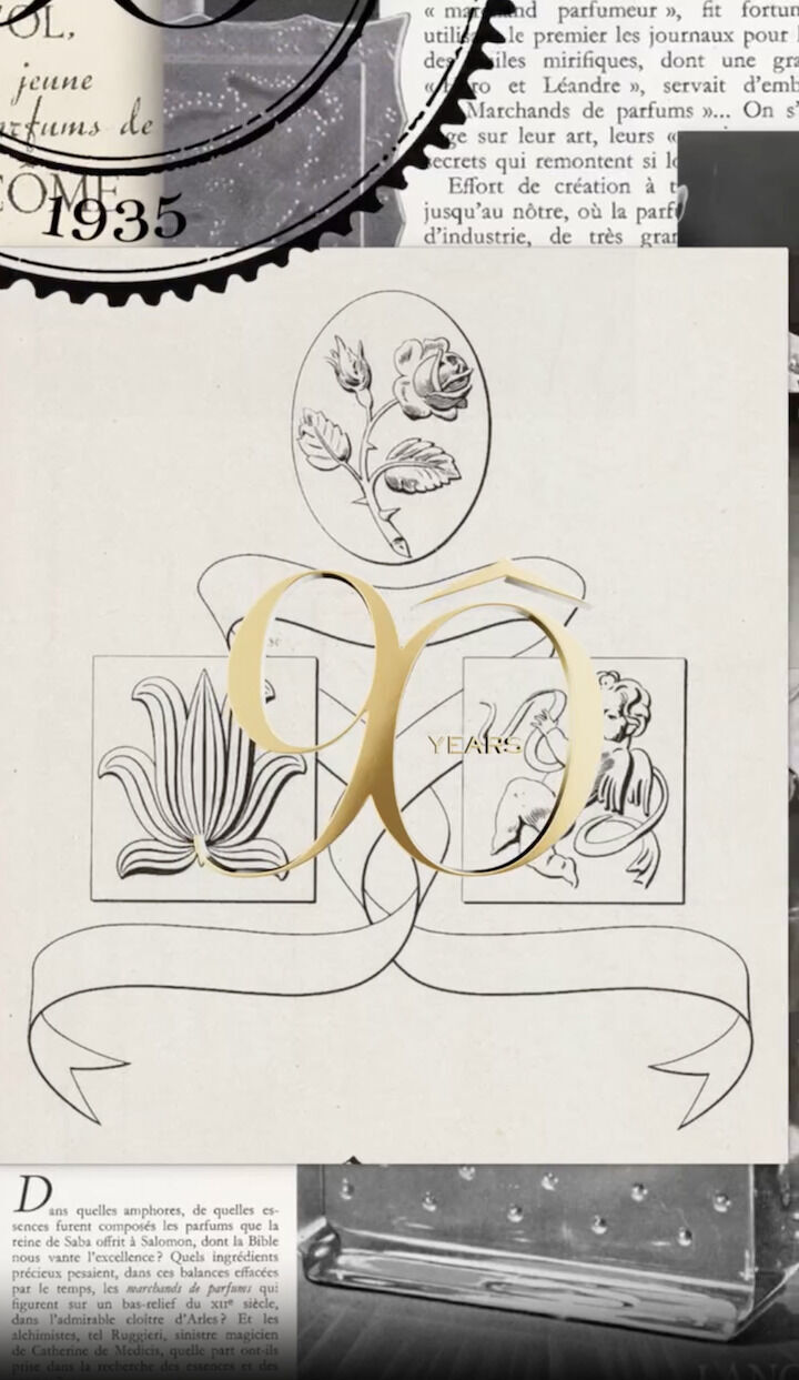Lancome 90 years since 1935 old French newspaper articles and seals symbolizing Lancome’s brand history 