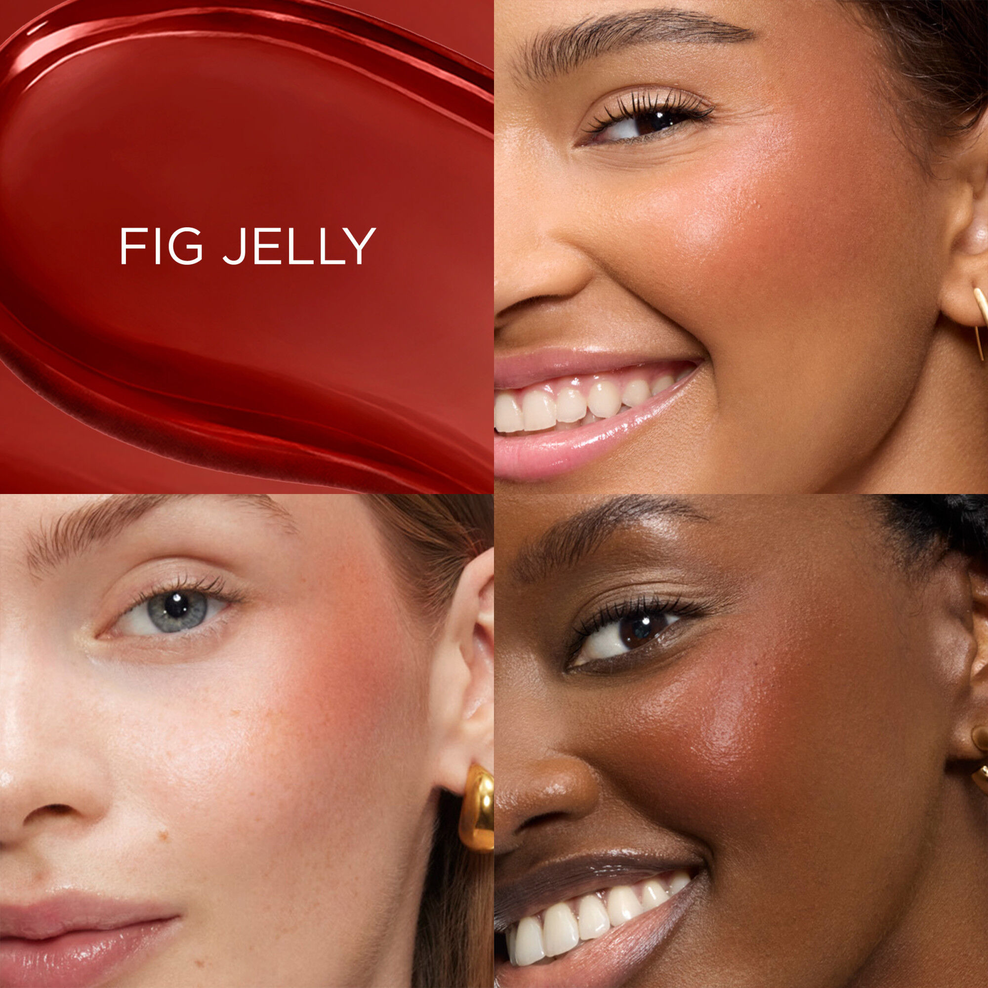 Juicy Tubes Cheeks Blush applied on light, medium and deep skin tones to compare results 