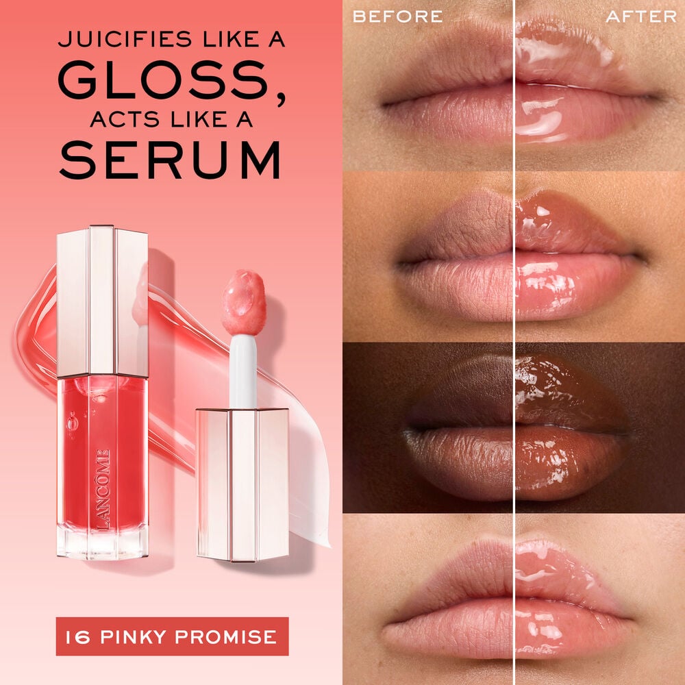 Jucifies like a gloss, acts like a serum, before and after applying JuicyTreat on 4 diverse skin tones for comparison 