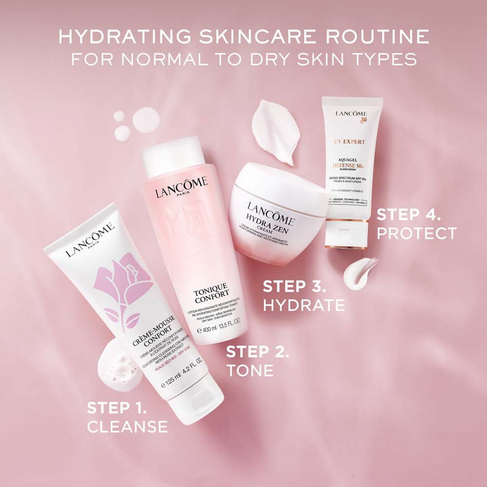 Hydrating skincare routine for normal to dry skin types: Step 1 Cleanse, Step 2 Tone, Step 3 Hydrate, Step 4 Protect 