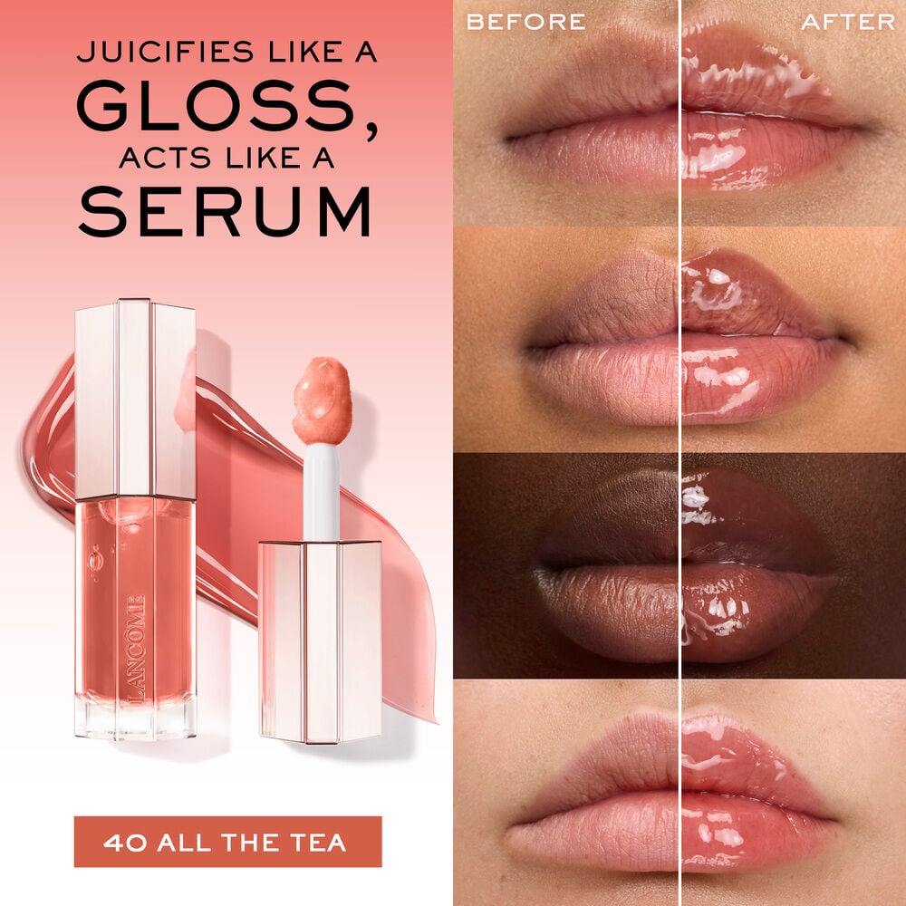 Jucifies like a gloss, acts like a serum, before and after applying JuicyTreat on 4 diverse skin tones for comparison 