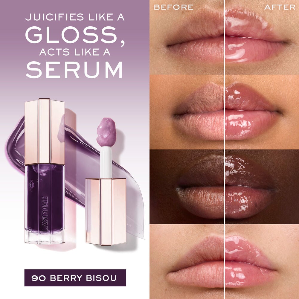 Jucifies like a gloss, acts like a serum, before and after applying JuicyTreat on 4 diverse skin tones for comparison 