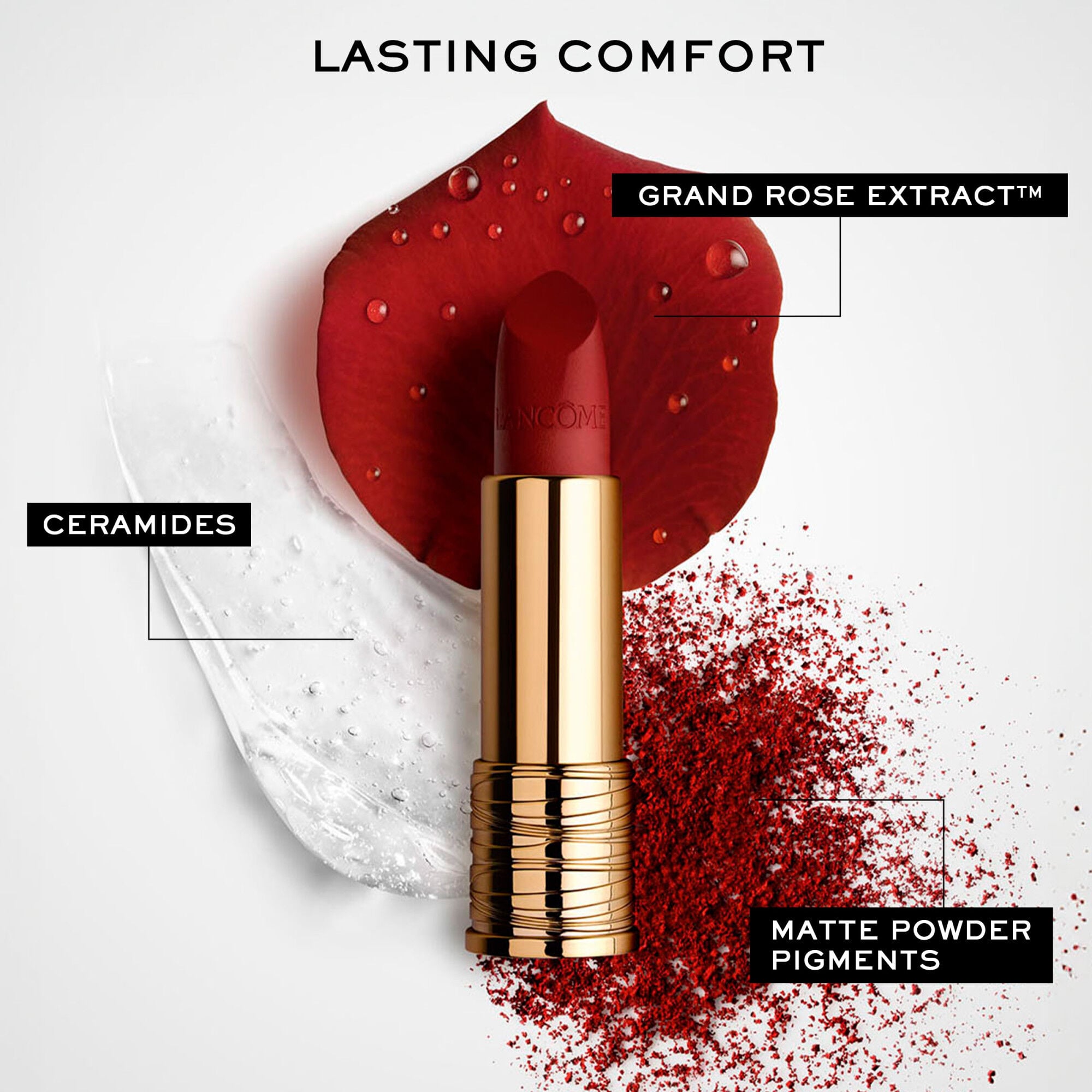 Lasting comfort with grand rose extract, ceramides, and matte powder pigments 