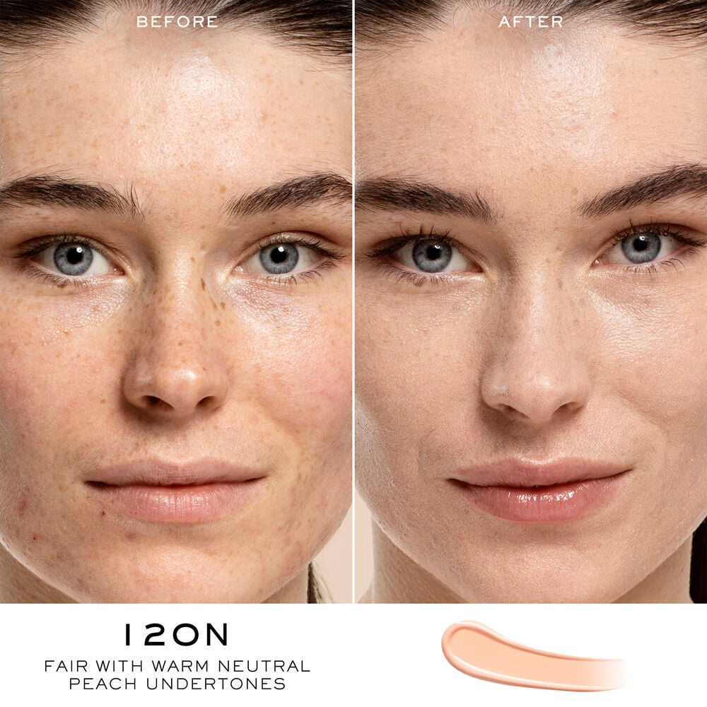 Model face before and after Teint Idole Ultra Wear Care & Glow Serum Concealer application to show concealer results 