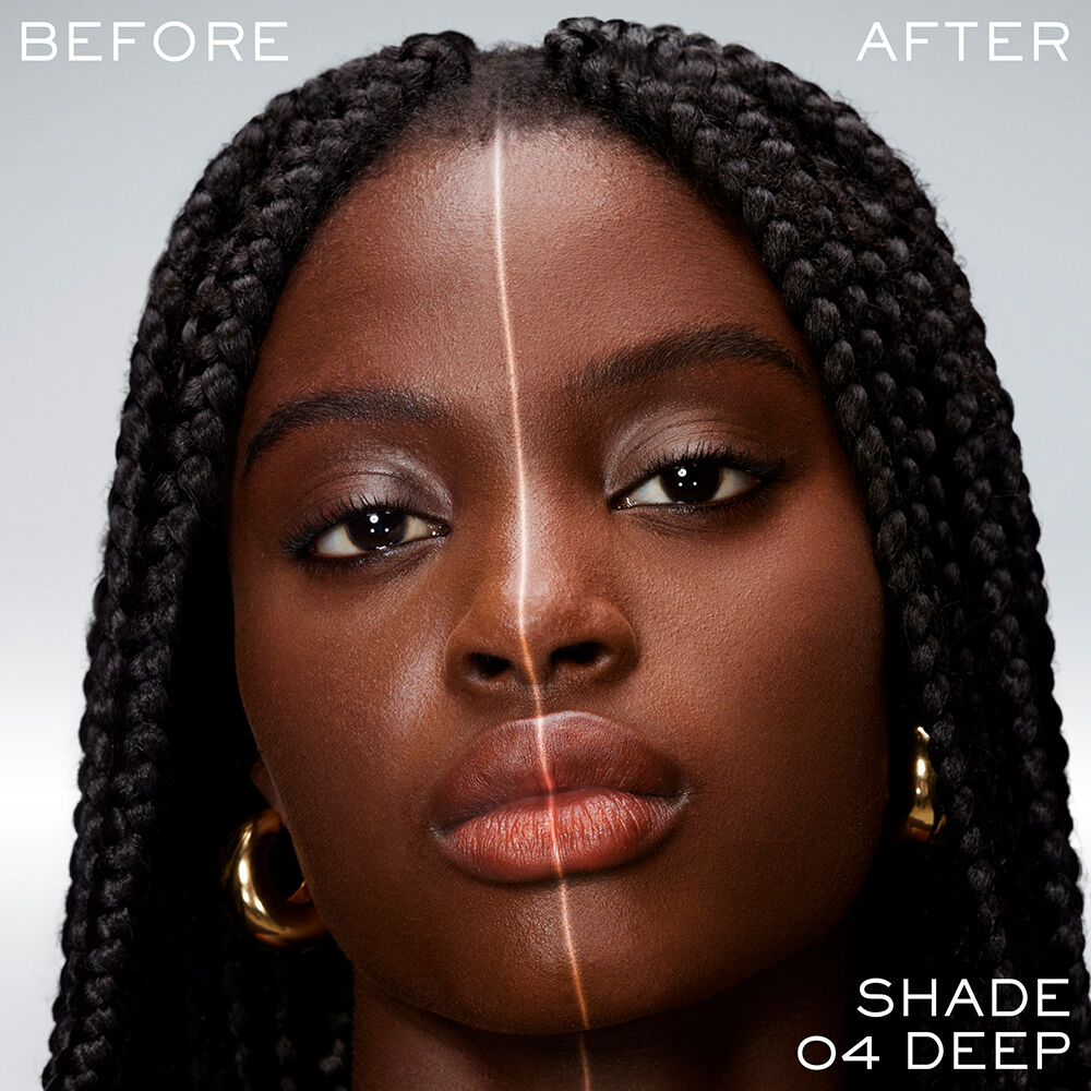Model before without setting powder and after wearing setting powder shade 04 Deep to show results 