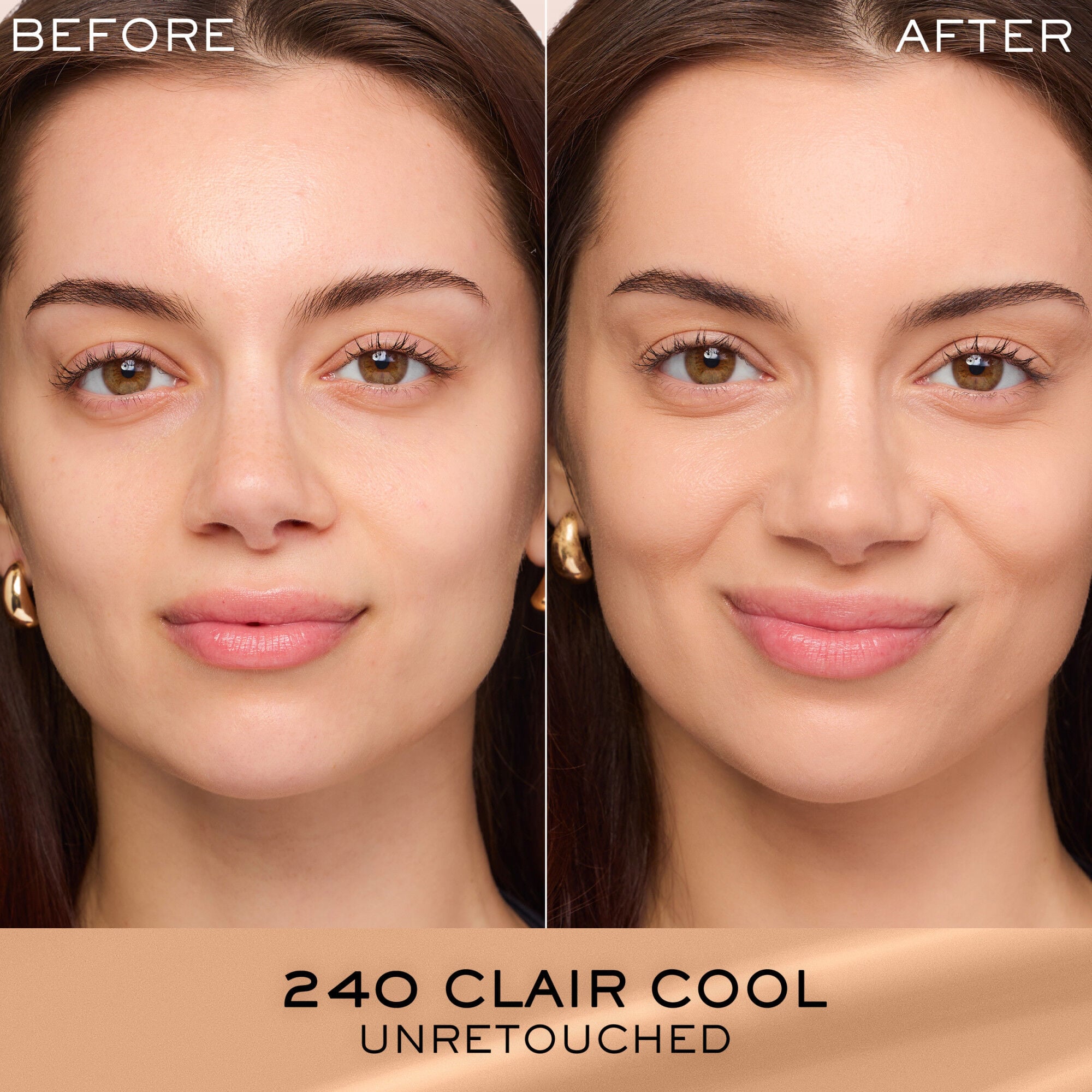 Unretouched before and after application of Renergie Lift Makeup Foundation SPF 27 compared against bare skin 