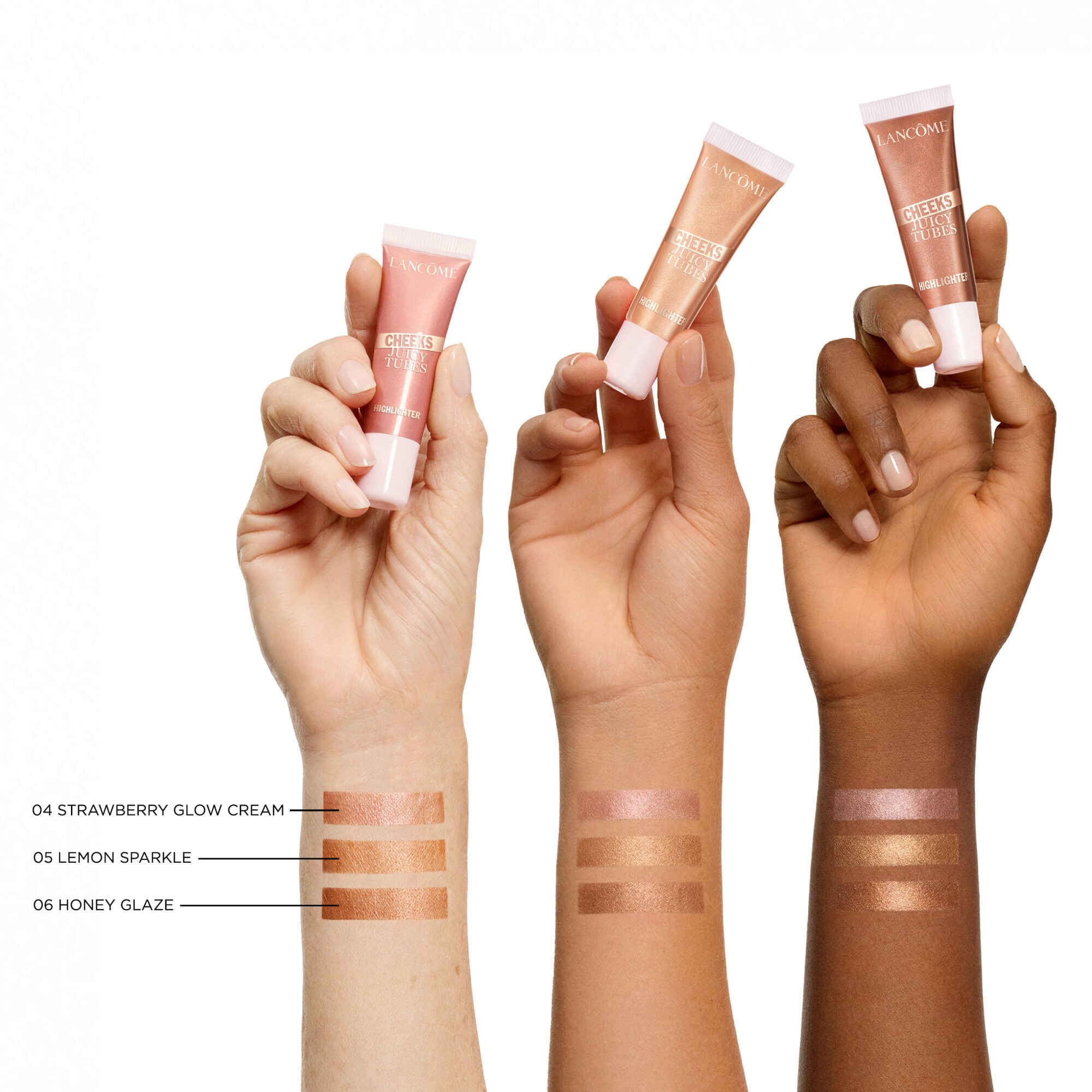 Shades 04 Strawberry Glow Cream, 05 Lemon Sparkle, and 06 Honey Glaze swatched on light, medium and deep skin tones 