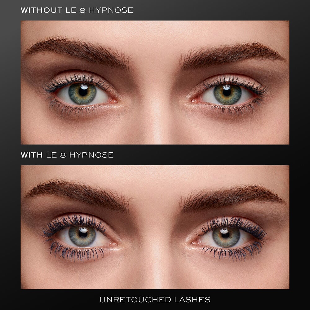 Model without mascara and with Le 8 Hypnose serum-infused mascara on long, dense, and thin lashes for comparison 