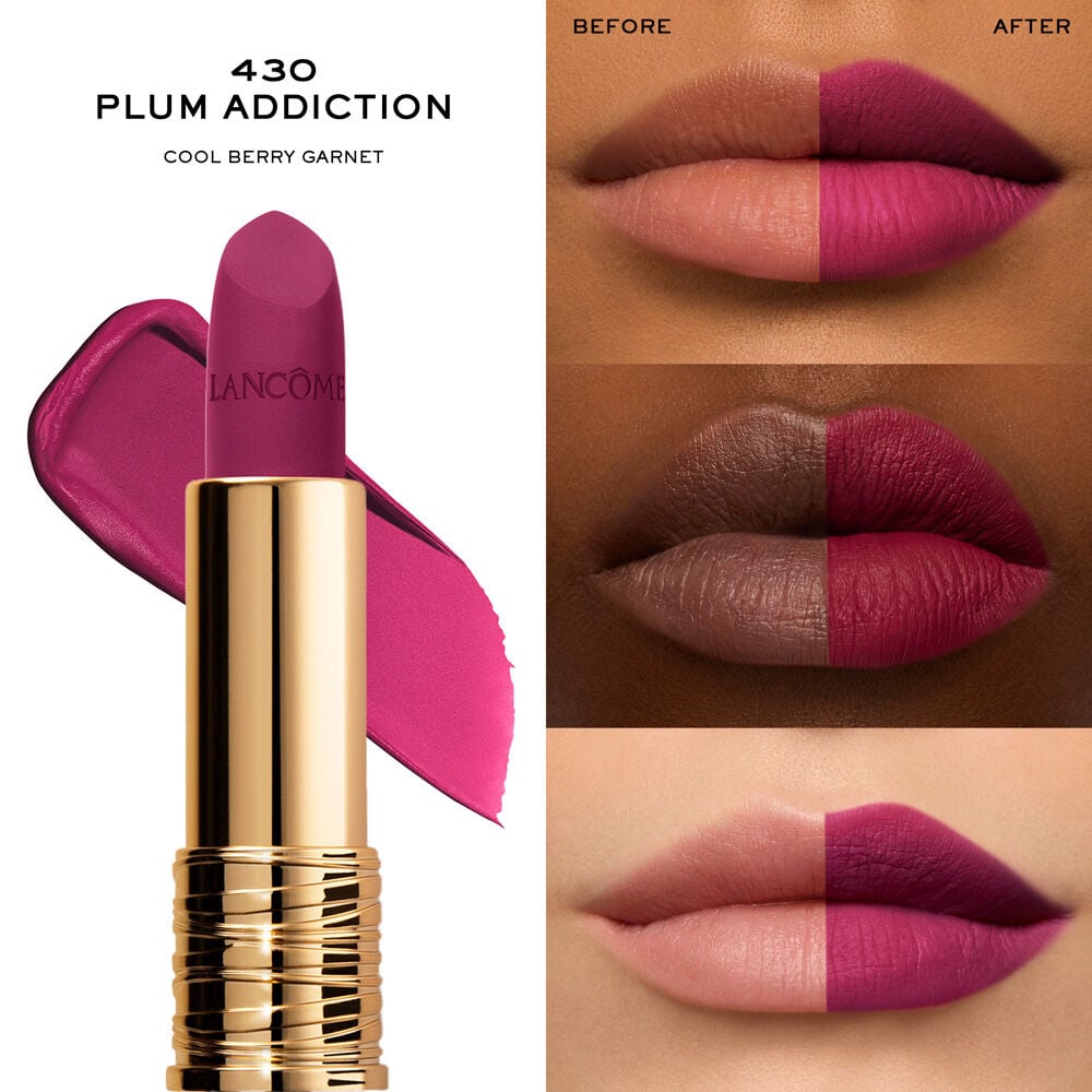 L'Absolu Rouge Drama Matte Lipstick worn on 3 diverse skin tones compared against bare lips 