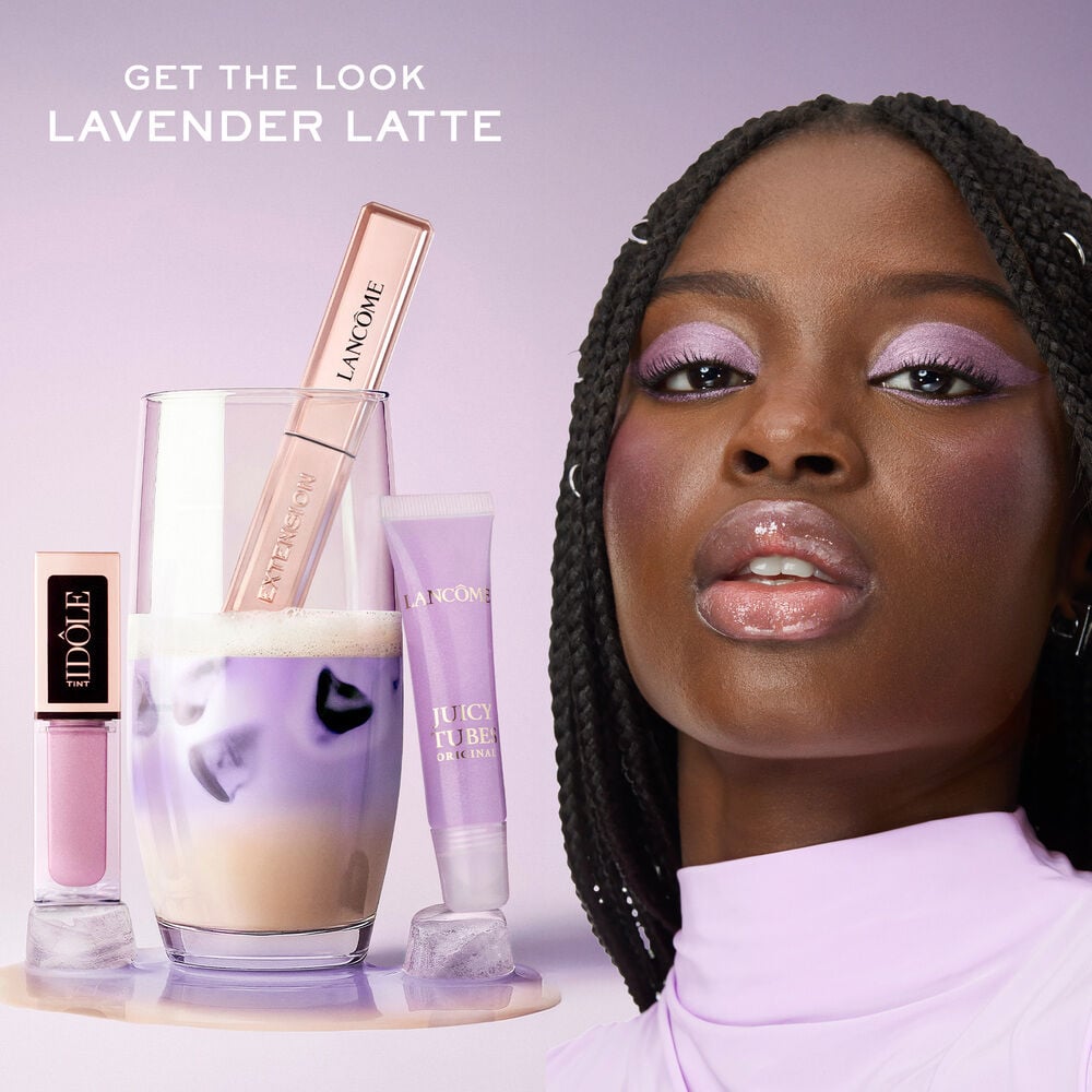 Get the look: Lavender Latte with Juicy Tubes Lip Gloss, Idole Tint Liquid Eyeshadow, and Idole Flutter Extension Mascara 