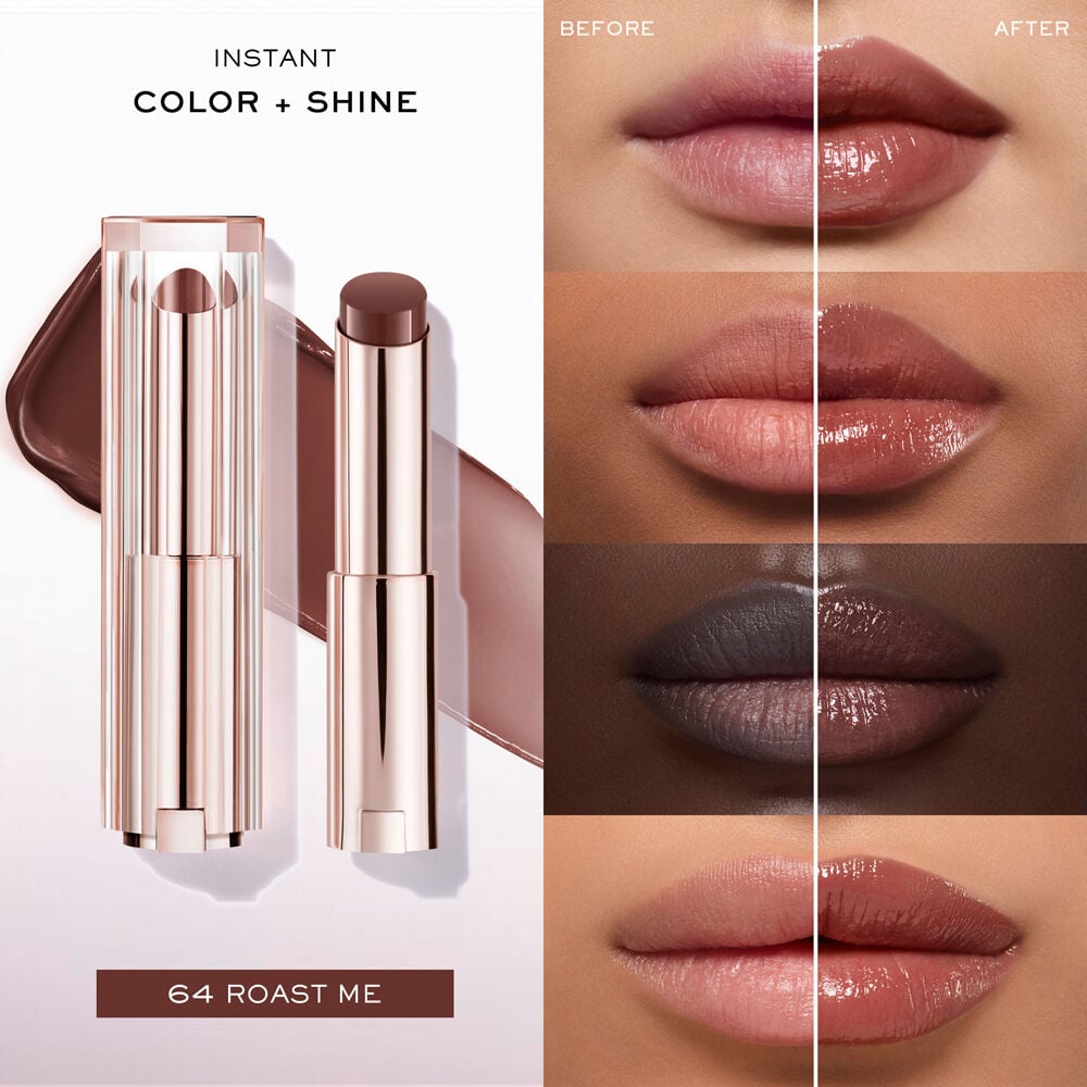 Instant color and shine on lips shown with before and after on 4 different skin tones for comparison 