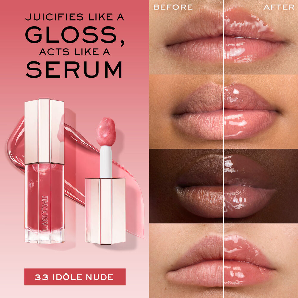 Jucifies like a gloss, acts like a serum, before and after applying JuicyTreat on 4 diverse skin tones for comparison 