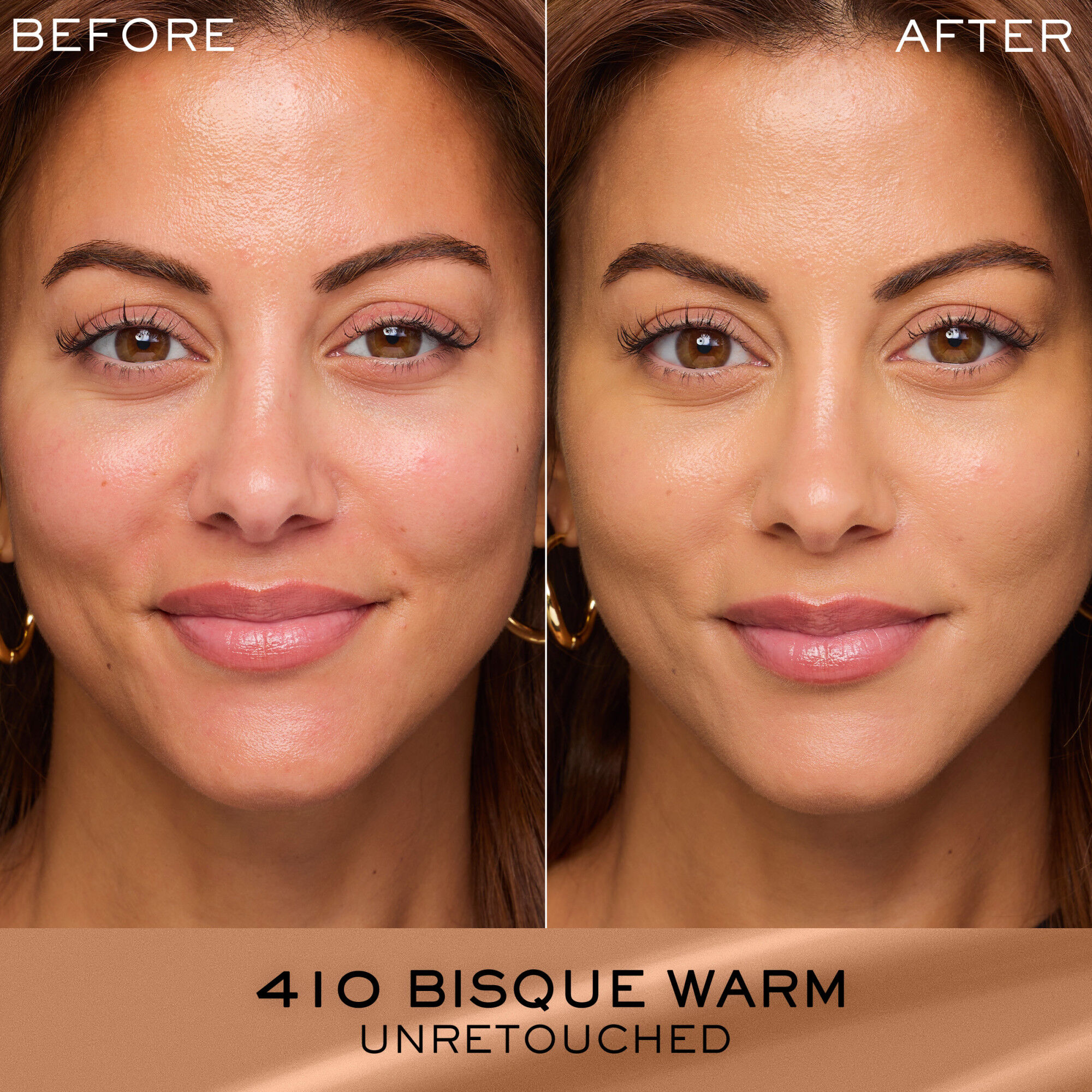 Unretouched before and after application of Renergie Lift Makeup Foundation SPF 27 compared against bare skin 