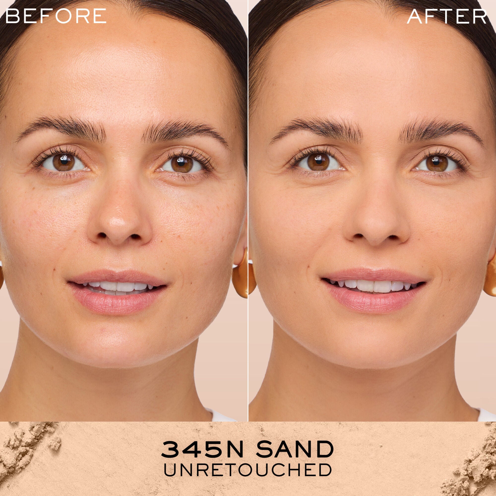 Unretouched before and after application of Dual Finish Powder Foundation compared against bare skin 