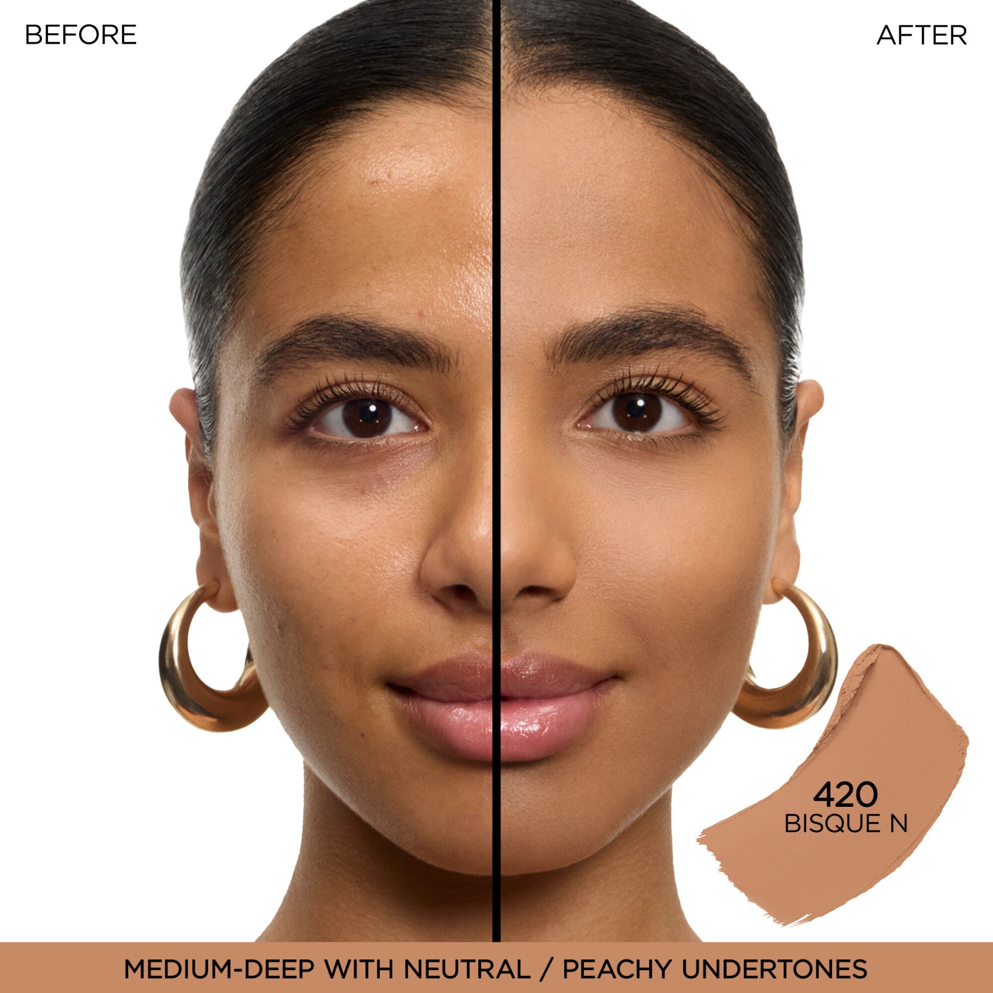 Model before and after wearing Teint Idole Shape Stick to show results 
