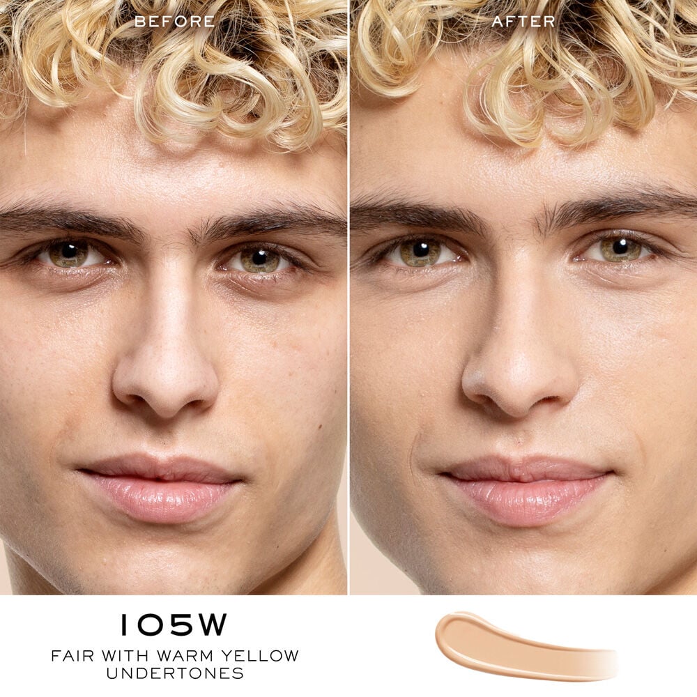 Model face before and after Teint Idole Ultra Wear Care & Glow Serum Concealer application to show concealer results 