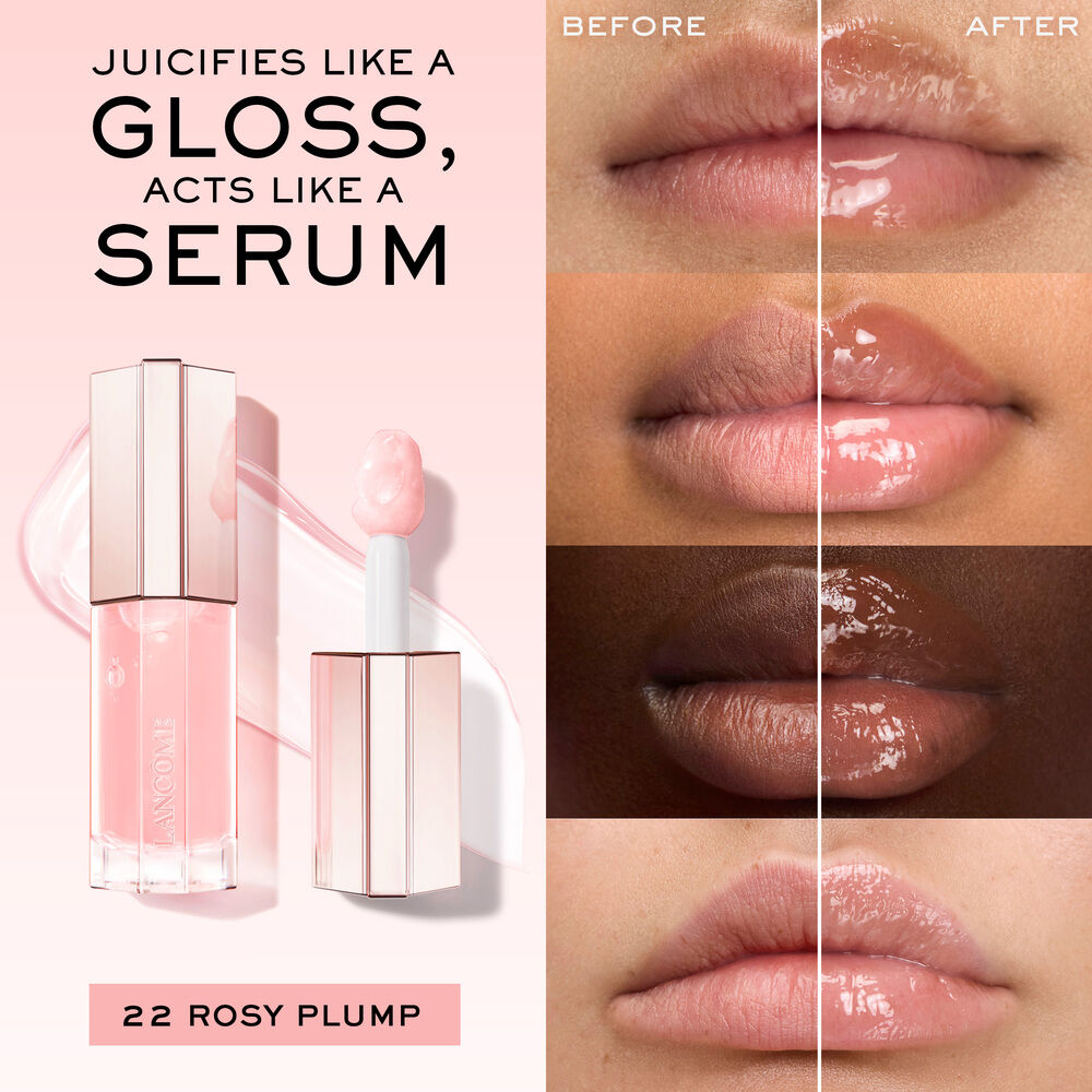 Jucifies like a gloss, acts like a serum, before and after applying JuicyTreat on 4 diverse skin tones for comparison 