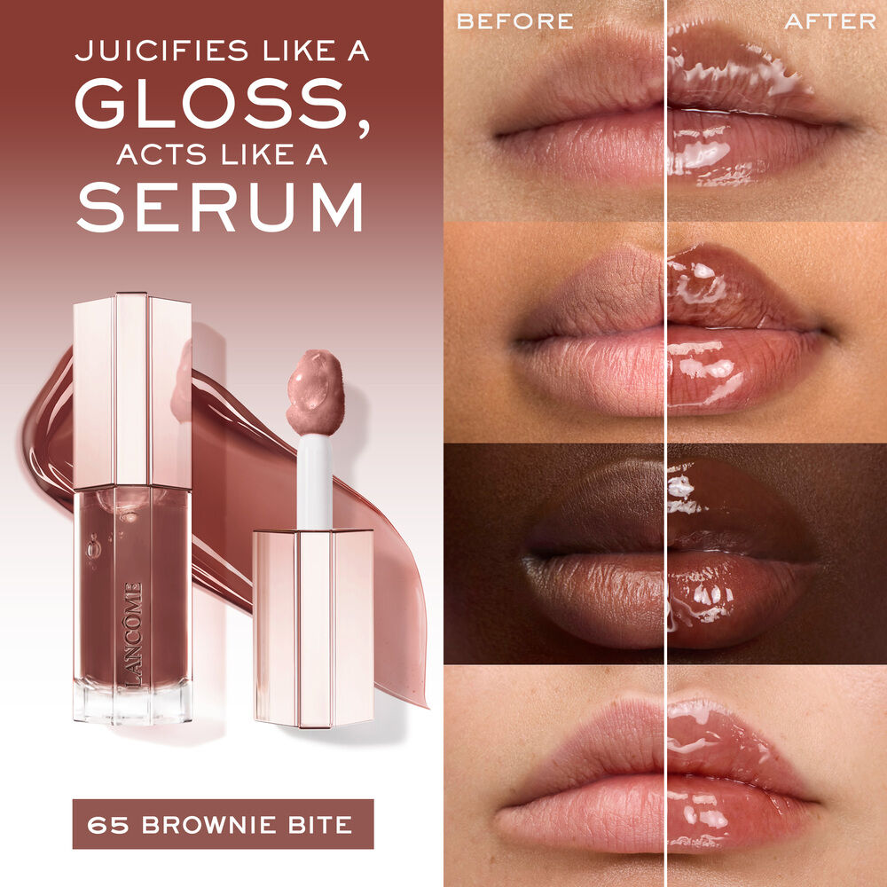 Jucifies like a gloss, acts like a serum, before and after applying JuicyTreat on 4 diverse skin tones for comparison 