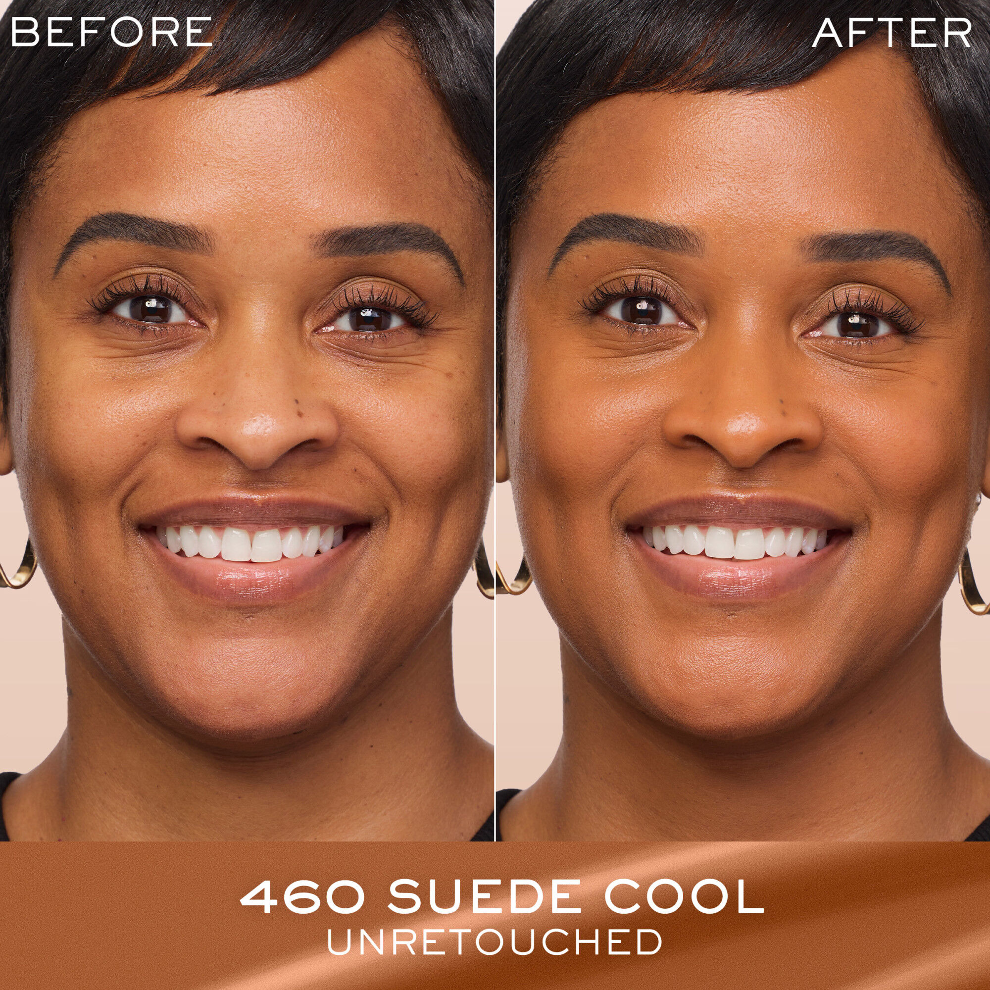 Unretouched before and after application of Renergie Lift Makeup Foundation SPF 27 compared against bare skin 
