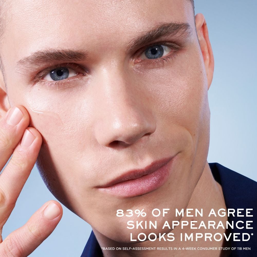 Man wearing Advanced Genifique Serum with user trial claim speaking to skin radiance and texture