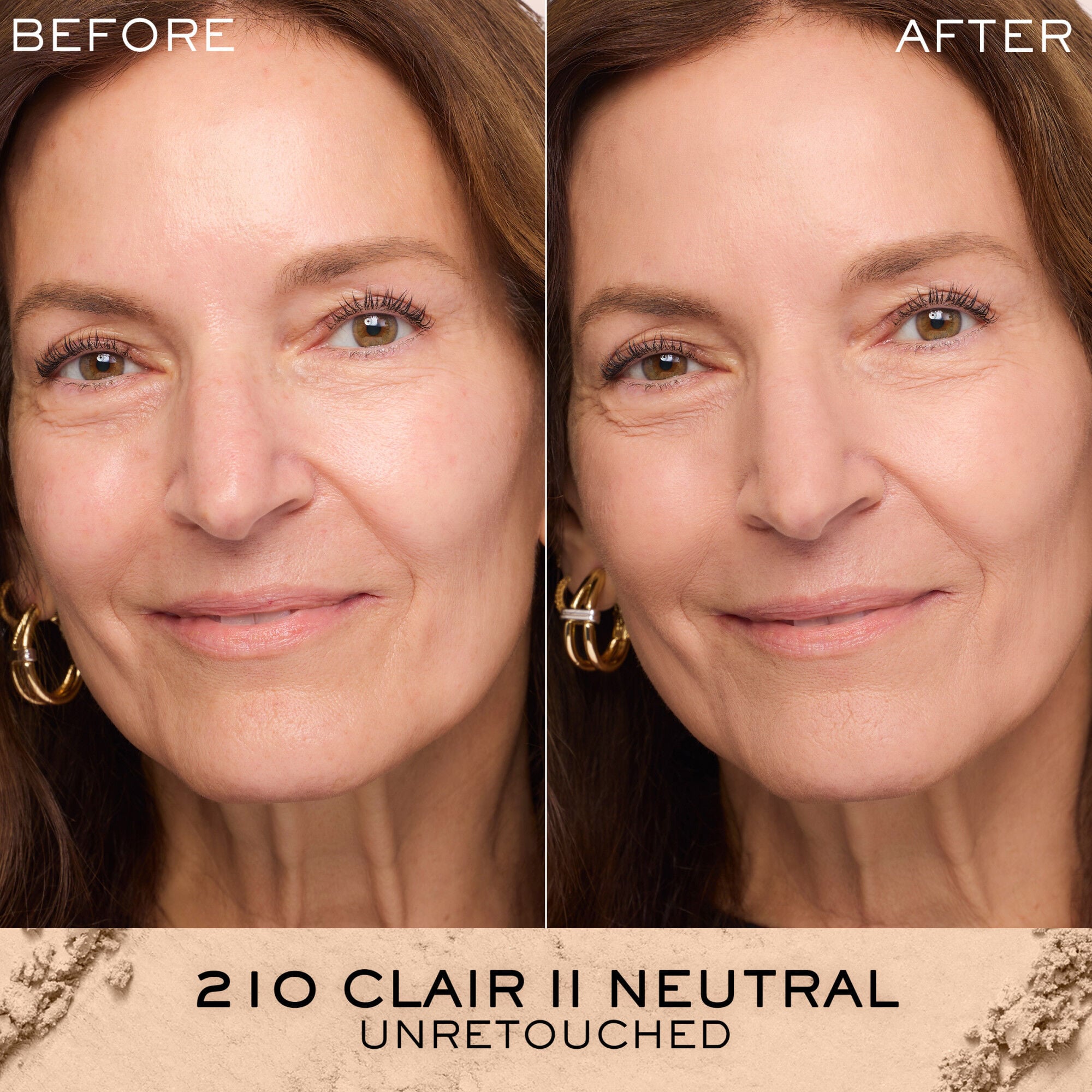 Unretouched before and after application of Dual Finish Powder Foundation compared against bare skin 