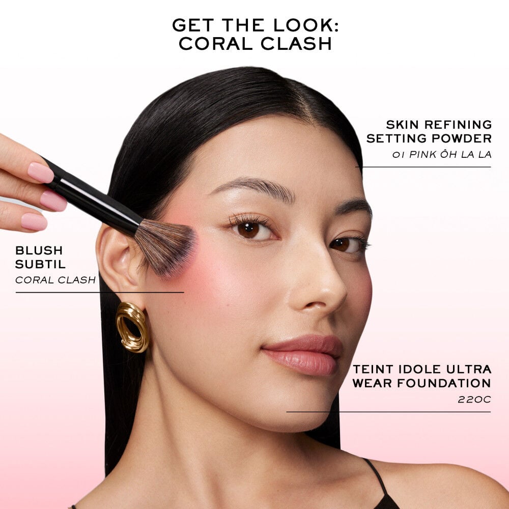 Get the “Coral Clash” Look: Teint Idole Foundation, Blush Subtil in coral clash, Teint Idole Setting Powder in pink o lala 