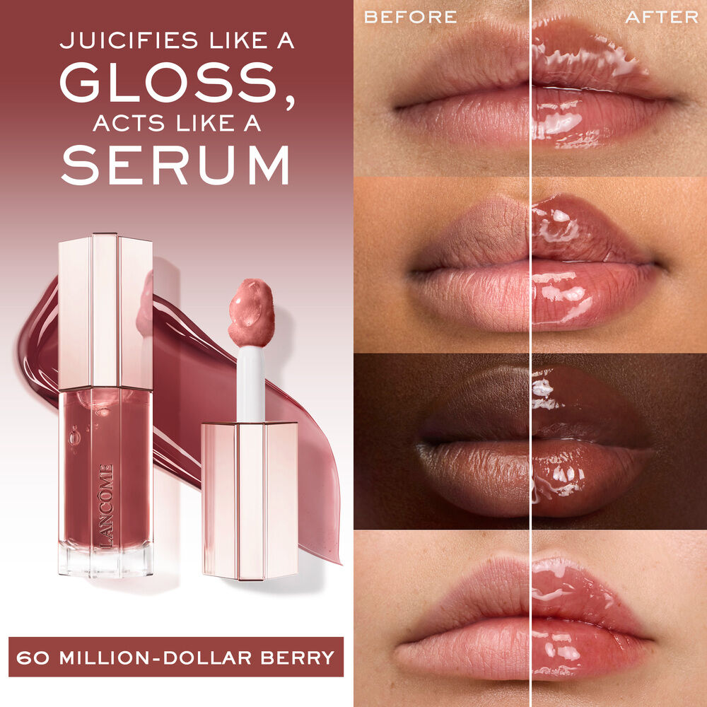 Jucifies like a gloss, acts like a serum, before and after applying JuicyTreat on 4 diverse skin tones for comparison 