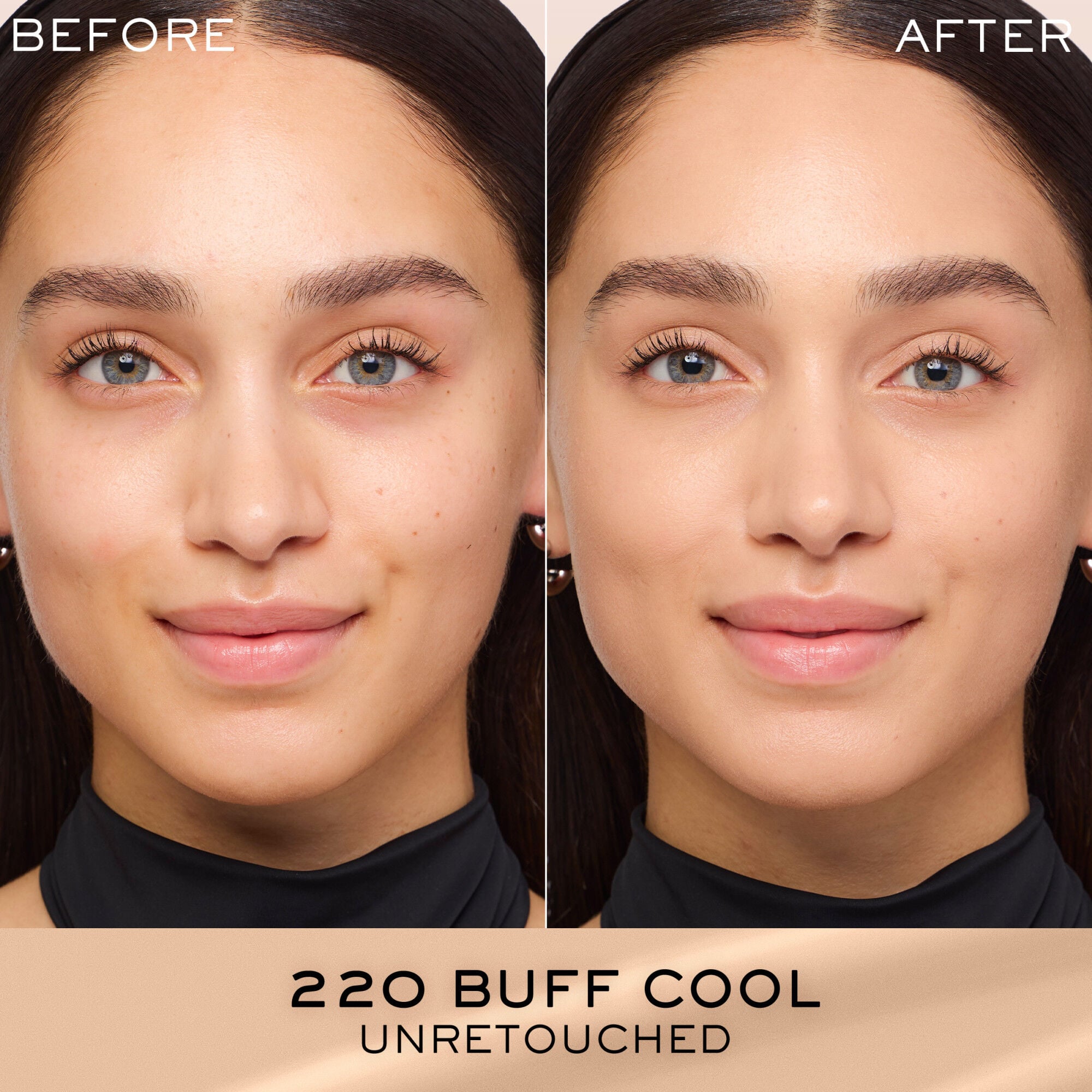 Unretouched before and after application of Renergie Lift Makeup Foundation SPF 27 compared against bare skin 