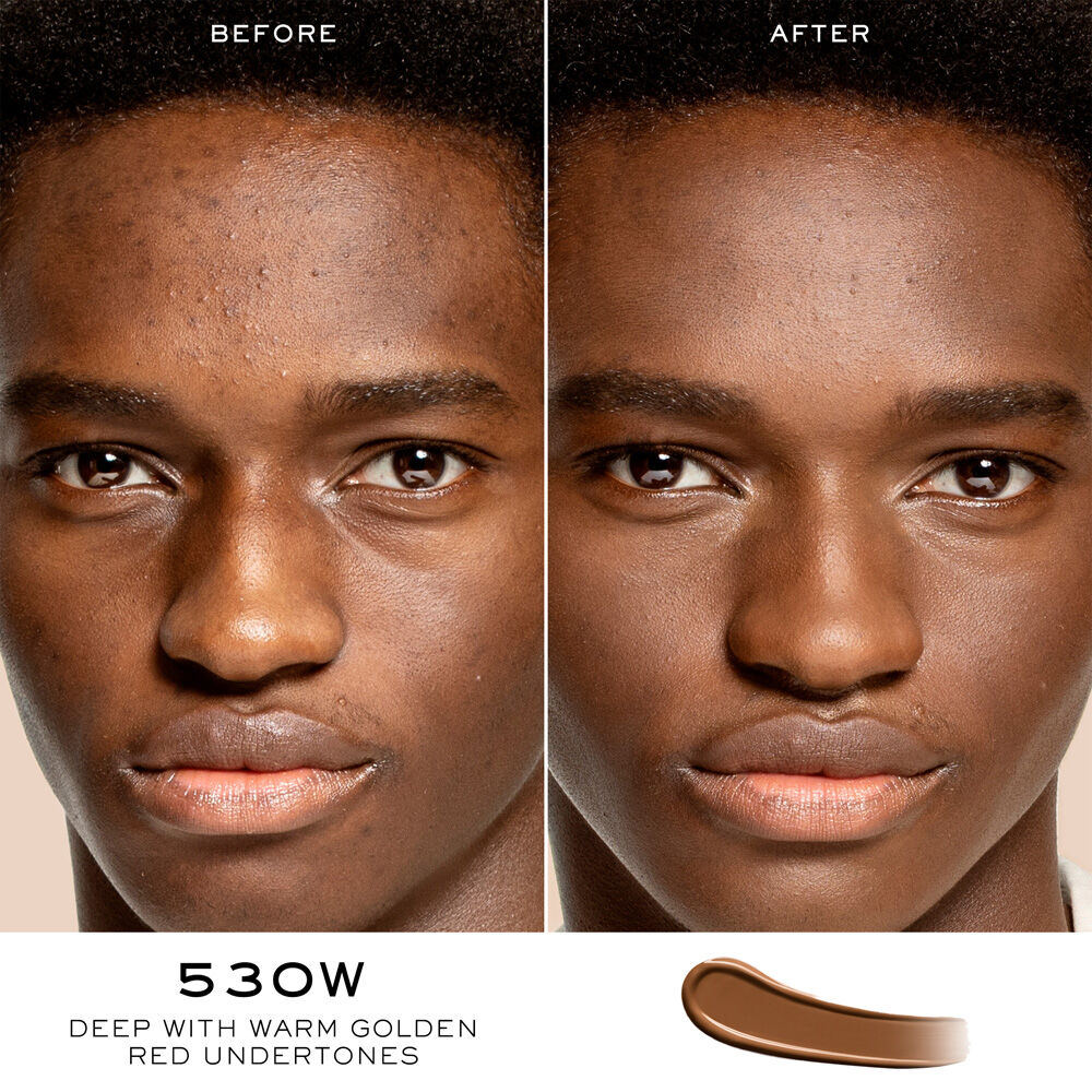 Model face before and after Teint Idole Ultra Wear Care & Glow Serum Concealer application to show concealer results 