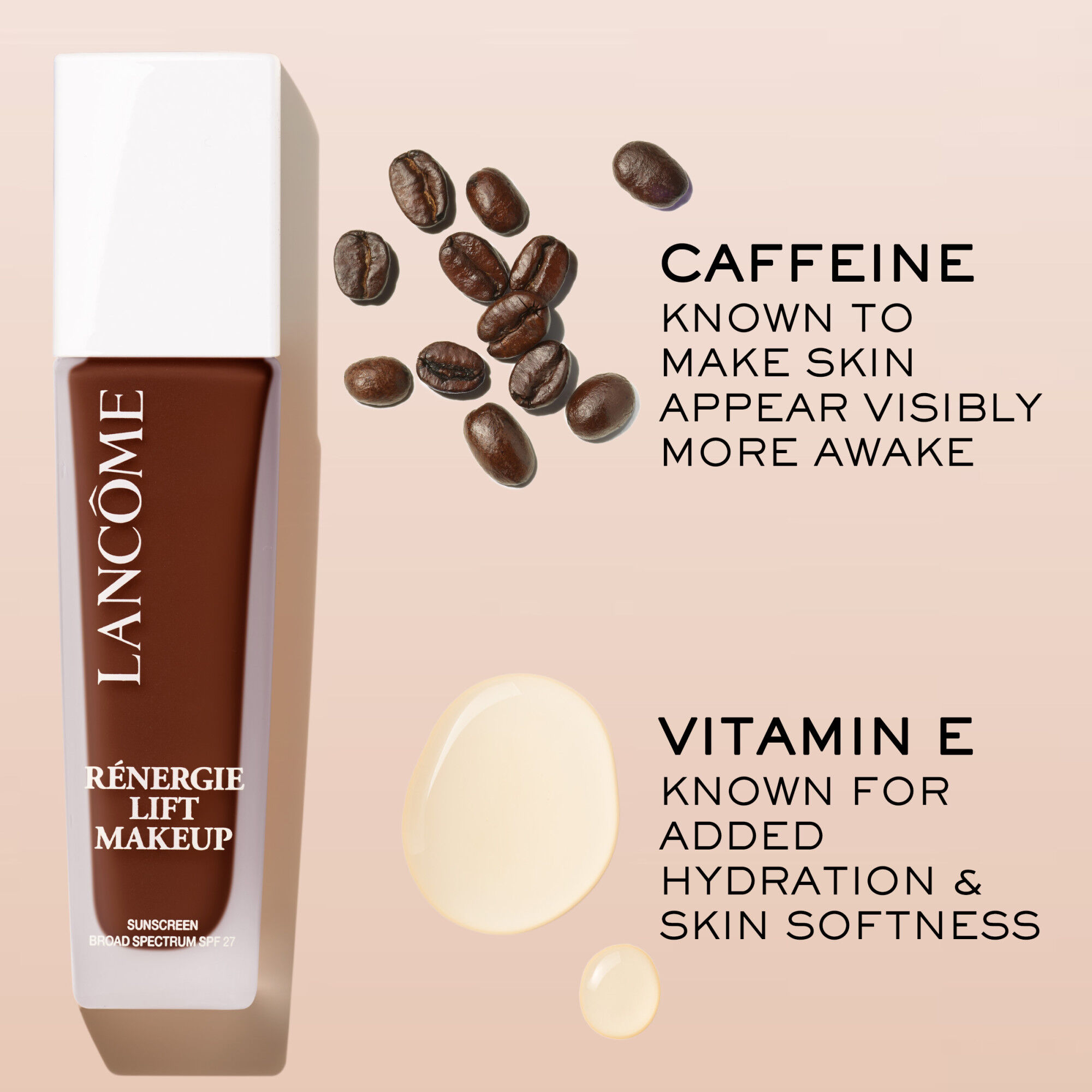 Ingredients, Caffeine, known to make skin appear more awake and Vitamin E, known for added hydration and skin softness 