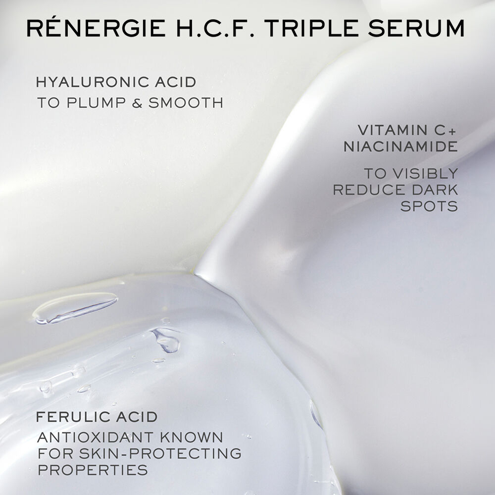 Hyaluronic Acid to plump and smooth, Vitamin C & Niacinamide to visibly reduce dark spots, Ferulic Acid is an antioxidant 
