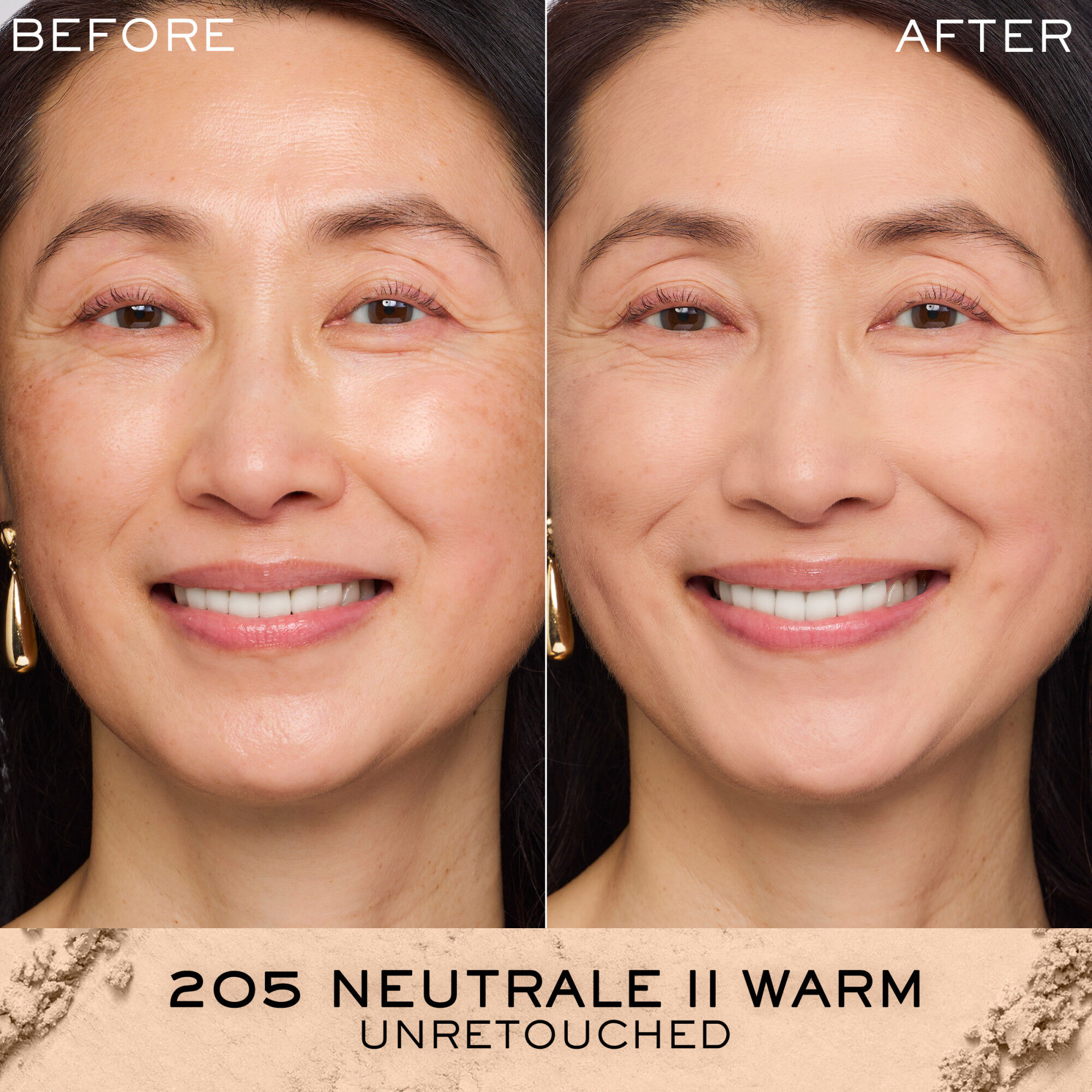 Unretouched before and after application of Dual Finish Powder Foundation compared against bare skin 
