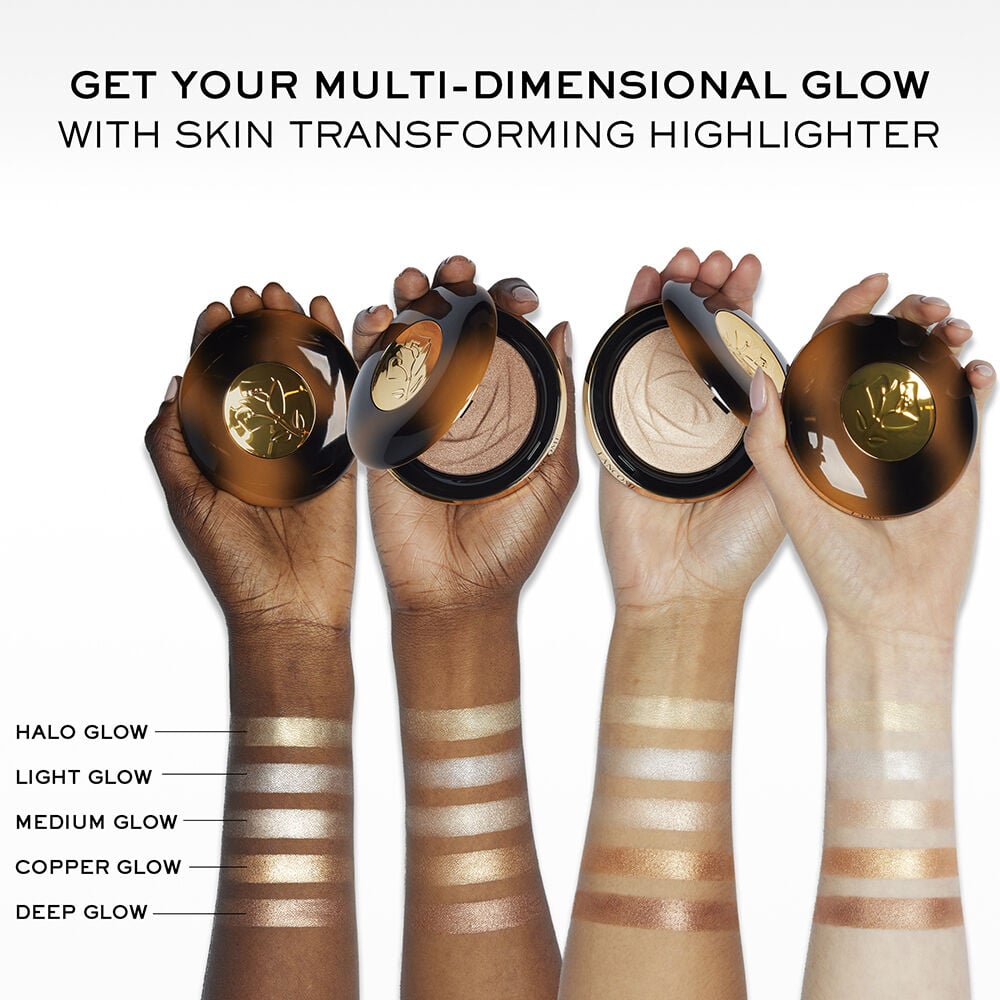 Get your multi-dimensional glow, each highlighter shade on models’ forearms with 4 diverse skin tones for comparison 