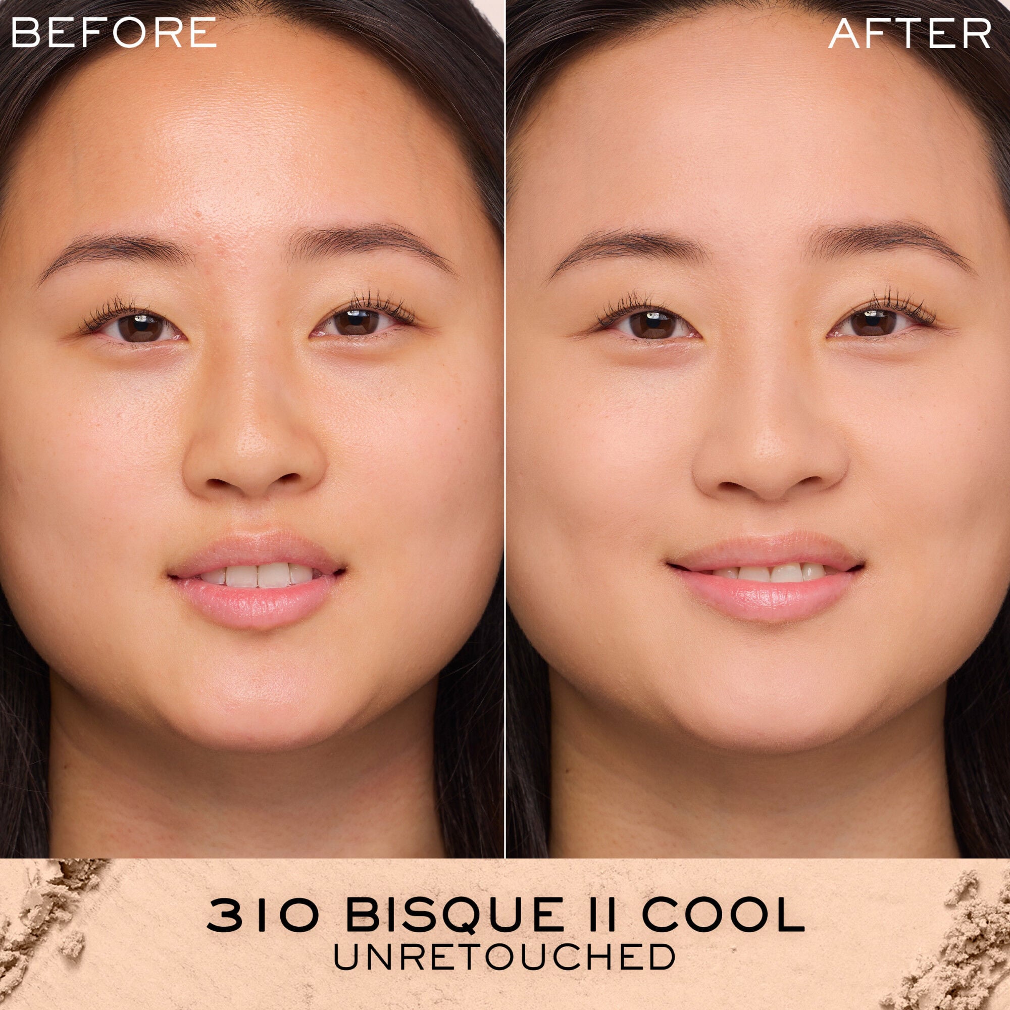 Unretouched before and after application of Dual Finish Powder Foundation compared against bare skin 