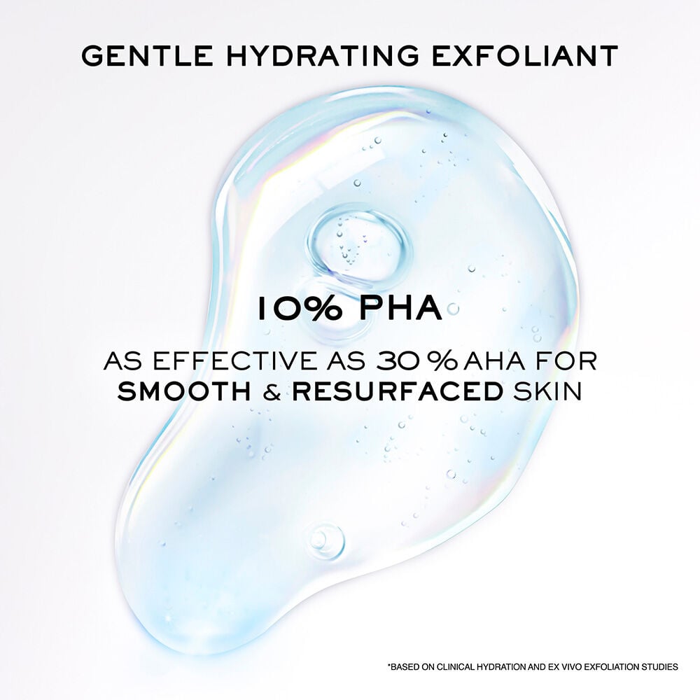10% PHA is a gentle hydrating exfoliant as effective as 30% AHA for smooth & resurfaced skin 
