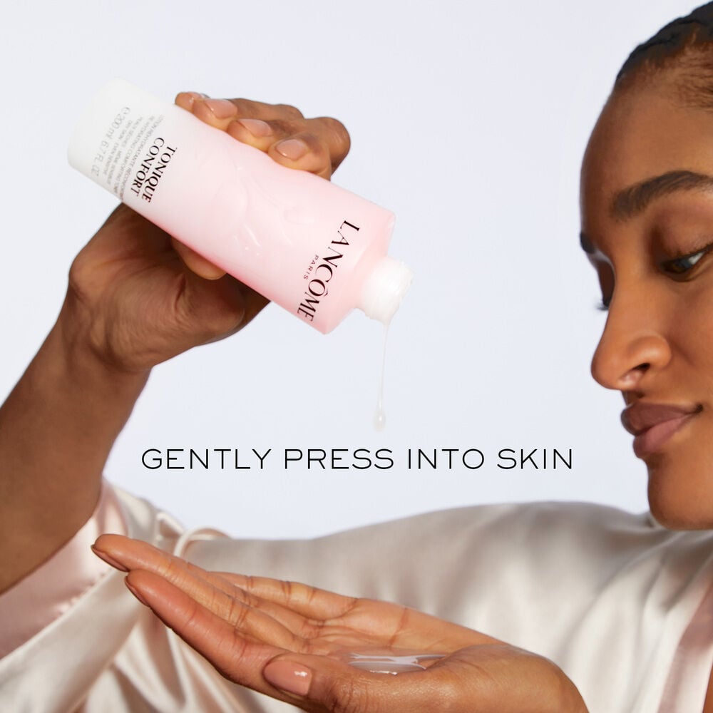 To apply, gently press the lightweight, milky toner formula into the skin  
