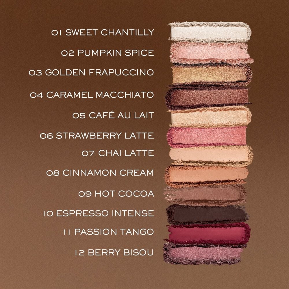 Idole Cafe Crush Eyeshadow Palette shade range swatched, including 01 Sweet Chantilly, 02 Pumpkin Spice, and more 