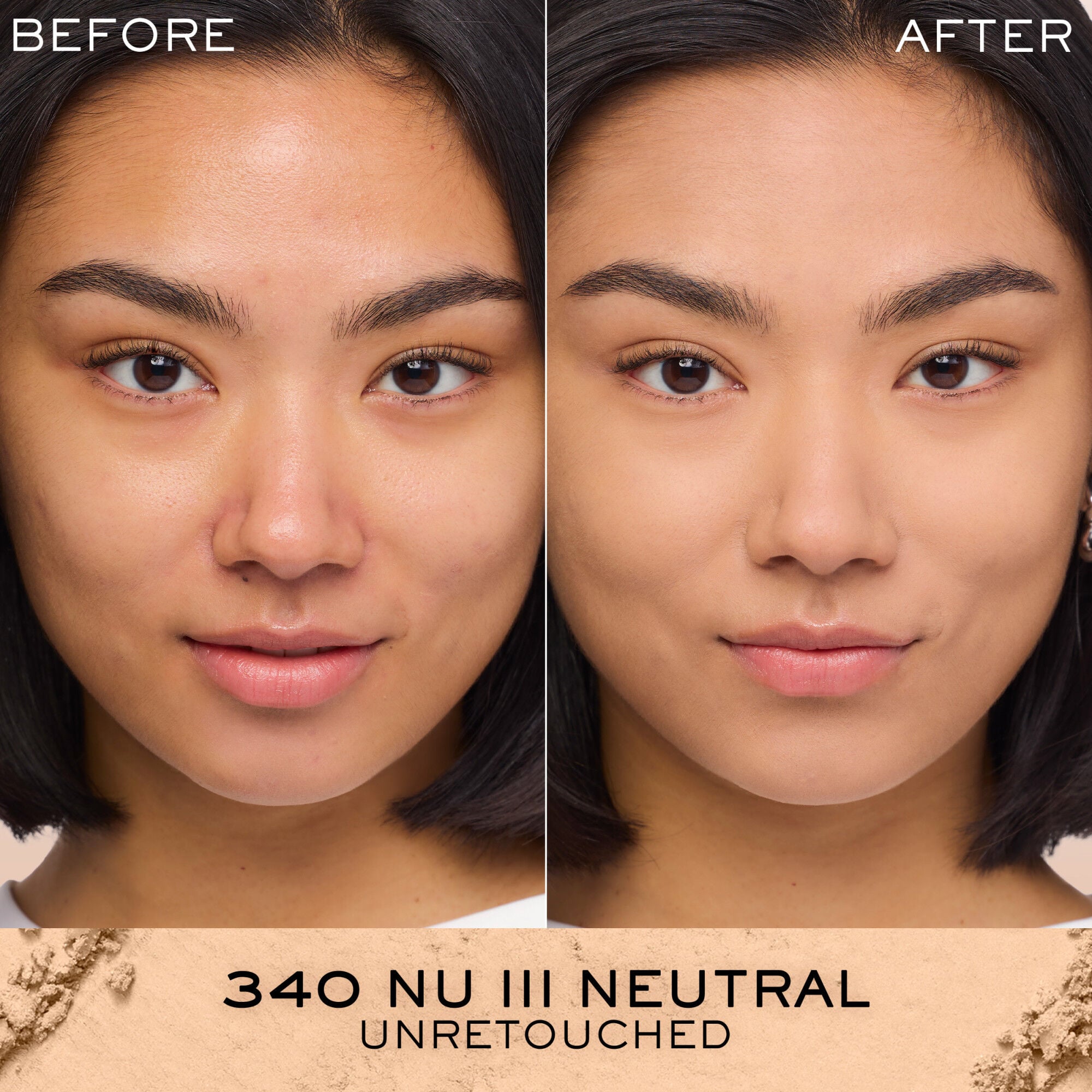 Unretouched before and after application of Dual Finish Powder Foundation compared against bare skin 