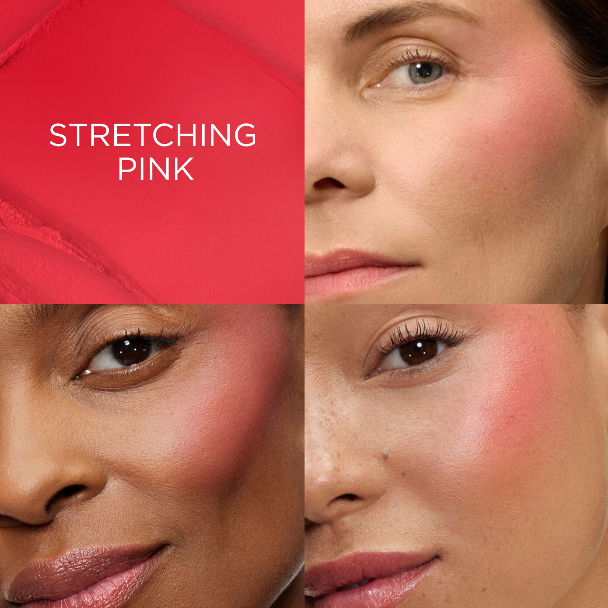 Teint Idole Shape Stick Blush shades applied on models with light, medium, and deep skin tones to compare results 