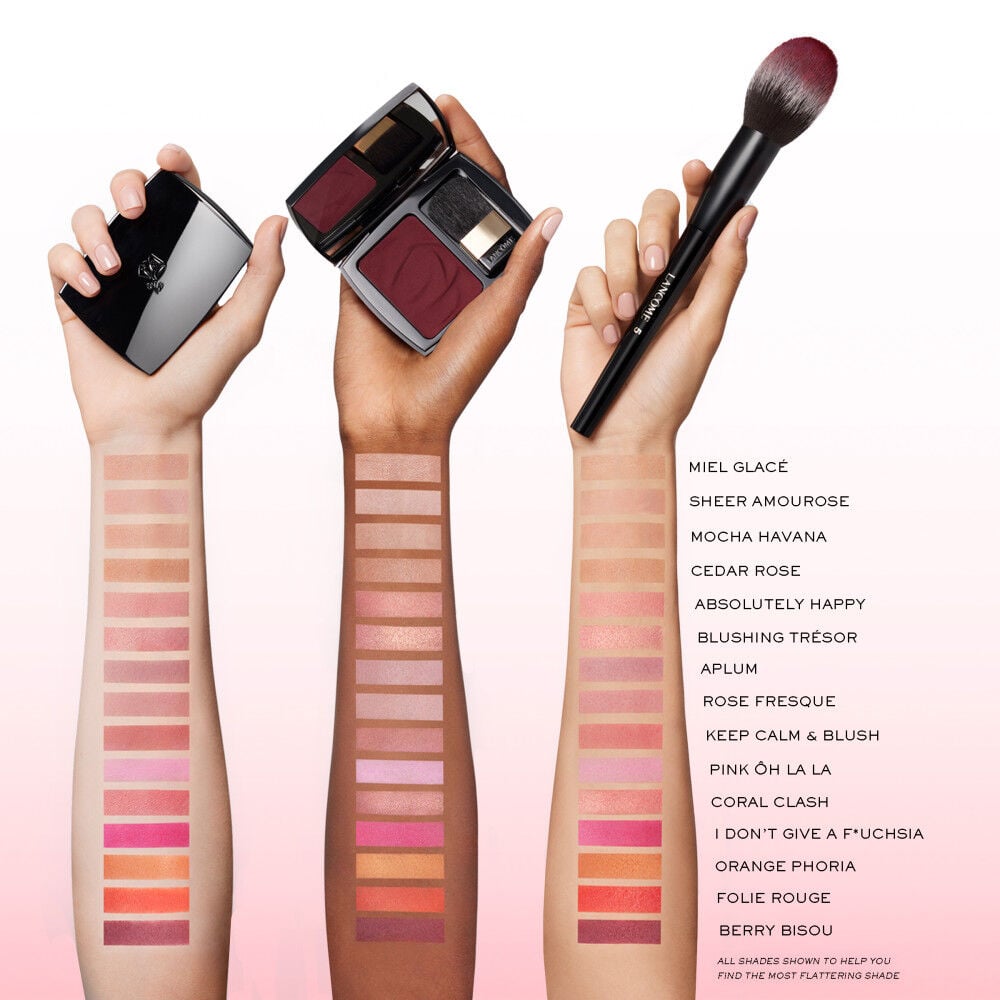 All Blush Subtil Powder Blush shades swatched on fair, medium, and deep skin tone models for comparison 